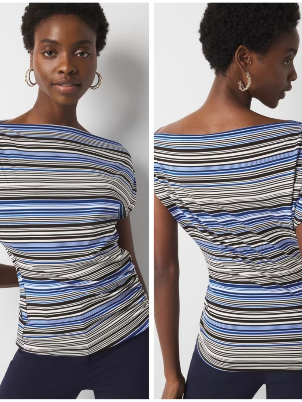 White House Black Market Side Ruched Asymmetrical Blouse Striped Blue Size M